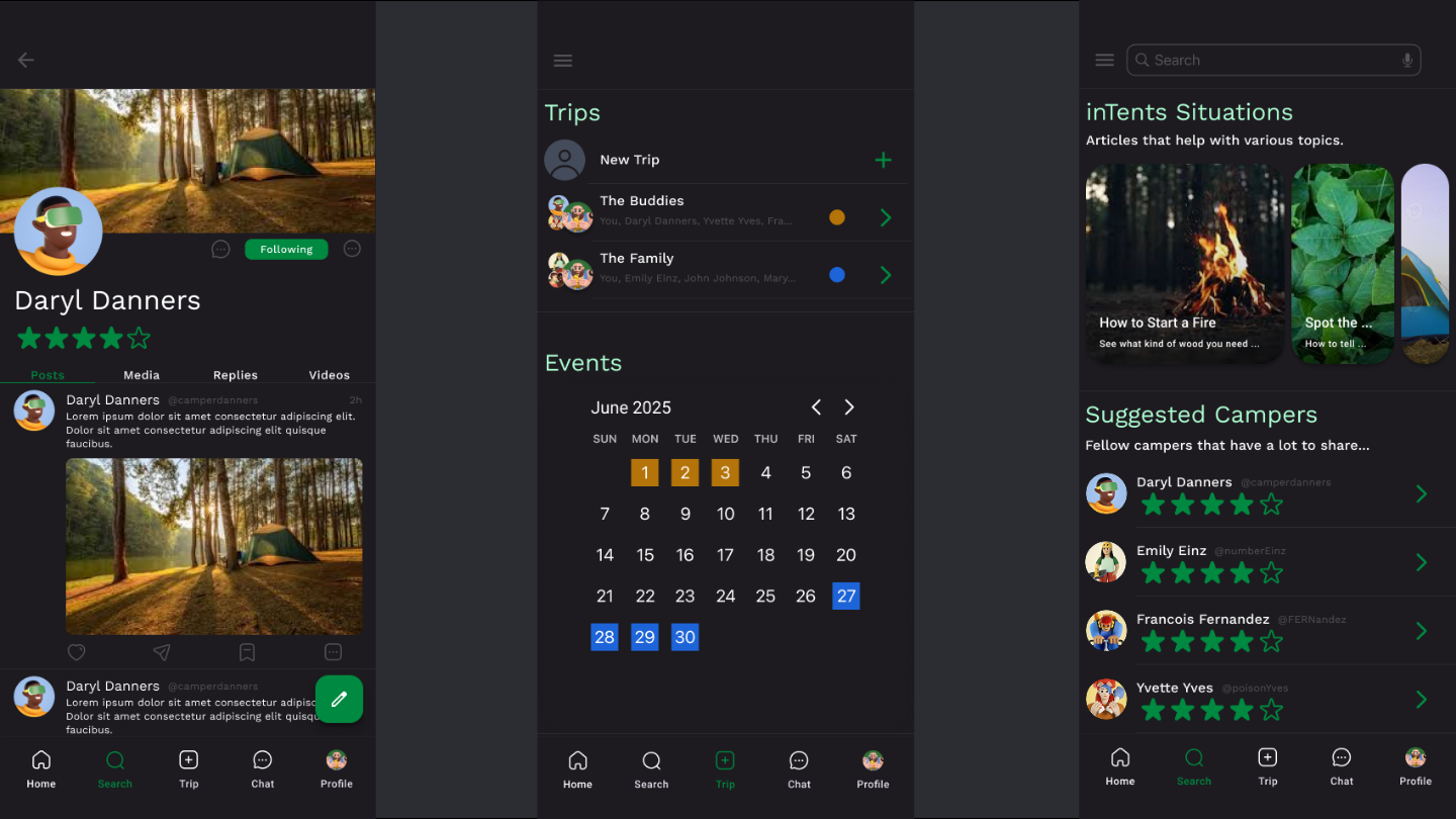 Image of the refined final mock ups of social, planning, and help pages done in Figma
