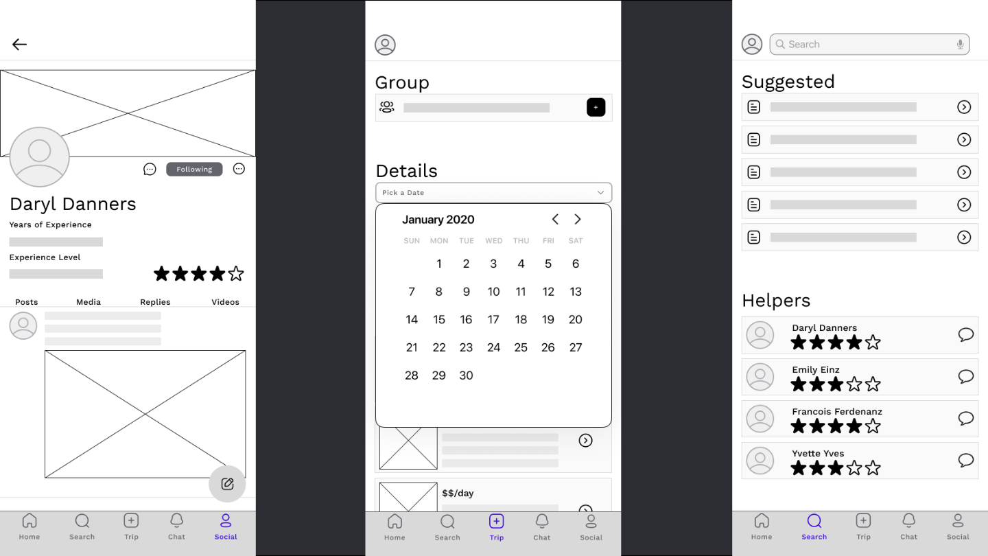 Image of low-fidelity digital wireframes made in Figma, showing social, planning, and help pages