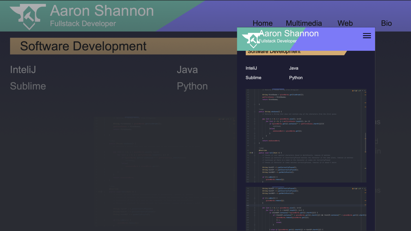 Responsive website layout for first portfolio, shown in both mobile and desktop views