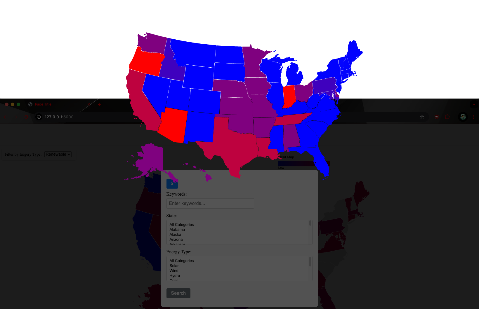 Image of a heat map of the United States and some visuals of filter functionality in the background